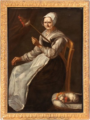 Artista lombardo, XVIII secolo, Portrait of an elderly woman with a spindle and a little dog