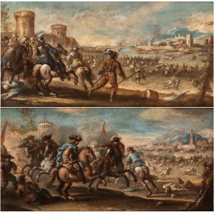 Francesco Simonini (ambito di) (Parma 1686 - 1766), Two episodes of the battle of Fornovo near Parma. Pair of paintings