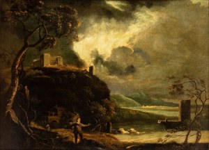 Richard Wilson (ambito di) (Penegoes 1714 - Llanferres 1782), Landscape with a traveller, broken bridge, fortress, river, and a city in the background