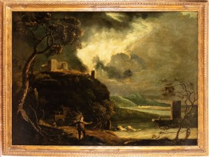 Richard Wilson (ambito di) (Penegoes 1714 - Llanferres 1782), Landscape with a traveller, broken bridge, fortress, river, and a city in the background