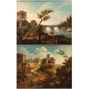 Paolo Anesi (attribuito a) (1697 - 1773), a) River landscape with a citadel and bridge in the background; b) River landscape with figures and a citadel. Pair of paintings
