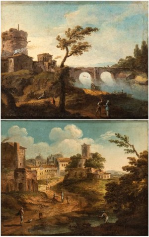 Paolo Anesi (attribuito a) (1697 - 1773), a) River landscape with a citadel and bridge in the background; b) River landscape with figures and a citadel. Pair of paintings