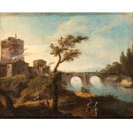 Paolo Anesi (attribuito a) (1697 - 1773), a) River landscape with a citadel and bridge in the background; b) River landscape with figures and a citadel. Pair of paintings