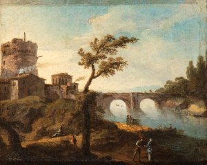 Paolo Anesi (attribuito a) (1697 - 1773), a) River landscape with a citadel and bridge in the background; b) River landscape with figures and a citadel. Pair of paintings