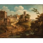 Paolo Anesi (attribuito a) (1697 - 1773), a) River landscape with a citadel and bridge in the background; b) River landscape with figures and a citadel. Pair of paintings