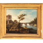 Paolo Anesi (attribuito a) (1697 - 1773), a) River landscape with a citadel and bridge in the background; b) River landscape with figures and a citadel. Pair of paintings