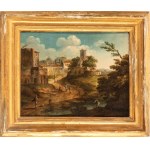 Paolo Anesi (attribuito a) (1697 - 1773), a) River landscape with a citadel and bridge in the background; b) River landscape with figures and a citadel. Pair of paintings
