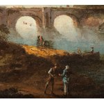 Paolo Anesi (attribuito a) (1697 - 1773), a) River landscape with a citadel and bridge in the background; b) River landscape with figures and a citadel. Pair of paintings