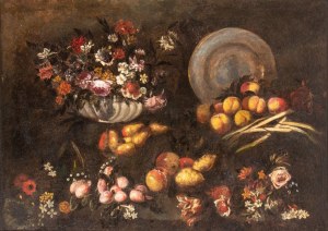 Artista napoletano, XVII - XVIII secolo, Still life with flowers, fruit, and metal plate