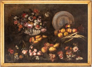 Artista napoletano, XVII - XVIII secolo, Still life with flowers, fruit, and metal plate