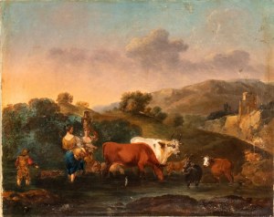 Nicolaes Berchem (seguace di) (Haarlem 1620 - Amsterdam 1683), landscape with a shepherd, laundresses, and flocks