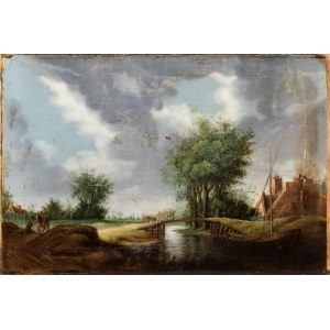 Jan van Goyen (seguace di) (Leiden 1596 - L'Aia 1656), River landscape with bridge, carriage and figures