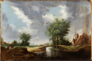 Jan van Goyen (seguace di) (Leiden 1596 - L'Aia 1656), River landscape with bridge, carriage and figures