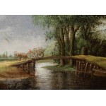 Jan van Goyen (seguace di) (Leiden 1596 - L'Aia 1656), River landscape with bridge, carriage and figures