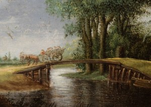 Jan van Goyen (seguace di) (Leiden 1596 - L'Aia 1656), River landscape with bridge, carriage and figures