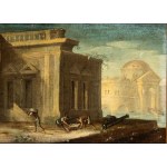 Artista napoletano, XVIII secolo, a) Architectural capriccio with three figures and a cannon; b) Architectural capriccio with a seated figure and a woman with child. Pair of paintings