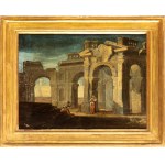 Artista napoletano, XVIII secolo, a) Architectural capriccio with three figures and a cannon; b) Architectural capriccio with a seated figure and a woman with child. Pair of paintings