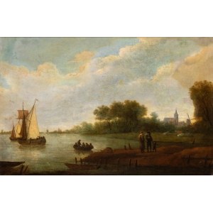 Artista olandese, XVII secolo, River landscape with a sailing vessel, travellers, and a village in the background