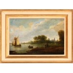 Artista olandese, XVII secolo, River landscape with a sailing vessel, travellers, and a village in the background