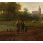 Artista olandese, XVII secolo, River landscape with a sailing vessel, travellers, and a village in the background