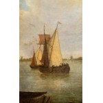 Artista olandese, XVII secolo, River landscape with a sailing vessel, travellers, and a village in the background