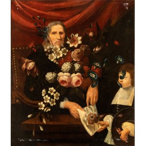 Artista emiliano, XVII - XVIII secolo, Double portrait with a bouquet of flowers