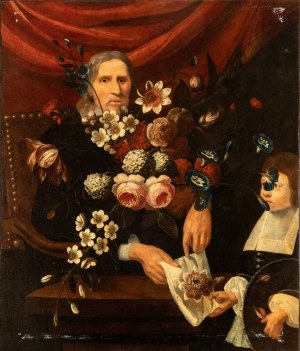 Artista emiliano, XVII - XVIII secolo, Double portrait with a bouquet of flowers