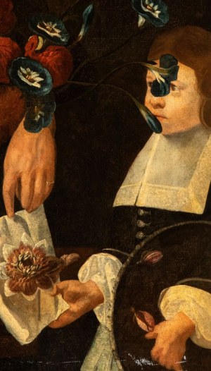 Artista emiliano, XVII - XVIII secolo, Double portrait with a bouquet of flowers