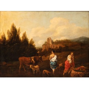 Artista fiammingo attivo a Roma, XVII secolo, Landscape with shepherdesses, animals, and ruins in the background