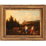Artista fiammingo attivo a Roma, XVII secolo, Landscape with shepherdesses, animals, and ruins in the background