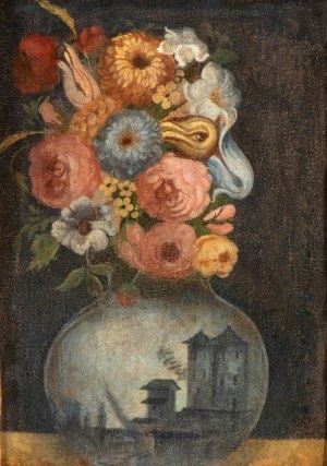 Giuseppe Arcimboldo (seguace di) (Milano 1526 - 1593), Floral head in a glass vase