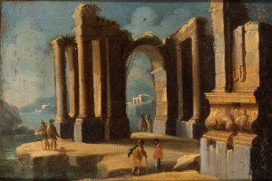 Artista napoletano, XVIII secolo, Coastal capriccio with ruins and figures
