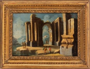 Artista napoletano, XVIII secolo, Coastal capriccio with ruins and figures