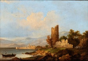Artista italiano, XIX secolo, Marina with boats and tower ruins
