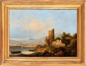 Artista italiano, XIX secolo, Marina with boats and tower ruins