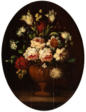 Artista attivo a Roma, XVIII - XIX secolo, Bouquet of roses, camellias, and tulips in a vase