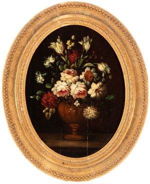 Artista attivo a Roma, XVIII - XIX secolo, Bouquet of roses, camellias, and tulips in a vase