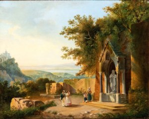 Artista attivo a Roma, XIX secolo, Votive shrine in the Latium countryside with a view of Ariccia in the background