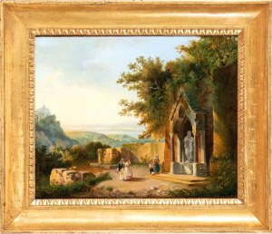 Artista attivo a Roma, XIX secolo, Votive shrine in the Latium countryside with a view of Ariccia in the background
