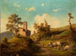 Giovan Battista Lelli (attribuito a) (San Giovanni Bianco 1828 - Milano 1898), Hilly Landscape with a Church and Female Figures