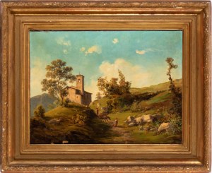 Giovan Battista Lelli (attribuito a) (San Giovanni Bianco 1828 - Milano 1898), Hilly Landscape with a Church and Female Figures