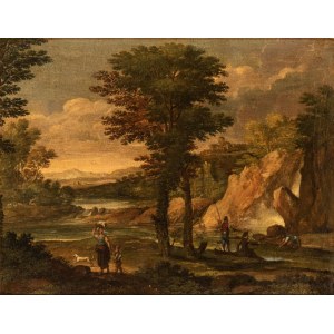 Artista attivo a Roma, fine XVII - inizio XVIII secolo, Landscape with a washerwoman, fishermen, and a stream