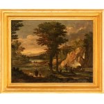 Artista attivo a Roma, fine XVII - inizio XVIII secolo, Landscape with a washerwoman, fishermen, and a stream