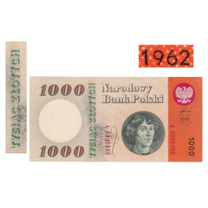 1.000 złotych 1962 - A 0000000 - egzemplarz PO CZERWONYM PASKU