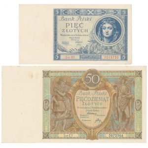 50 zloty 1929 and 5 zloty 1930 - set (2pcs)