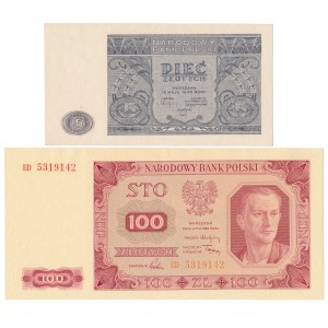 5 zloty 1946 and 100 zloty 1948 ED - set (2pcs)