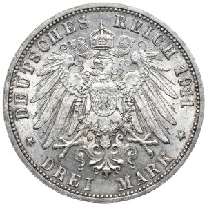 Germany, Württemberg, 3 marks 1911 F, Stuttgart, 25th wedding anniversary