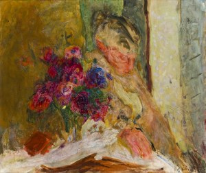 Eugeniusz Eibisch (1895 Lublin - 1987 Warsaw), Portrait of a woman by a bouquet of flowers