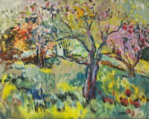 Judyta Sobel (1924 Lwów - 2012 Nowy Jork), Pejzaż z kwitnącymi drzewami, lata 60. XX w.