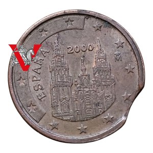 Spain , Euro currency, 2 cents 2000, MENTION DESTRUCT, Sheet metal tip